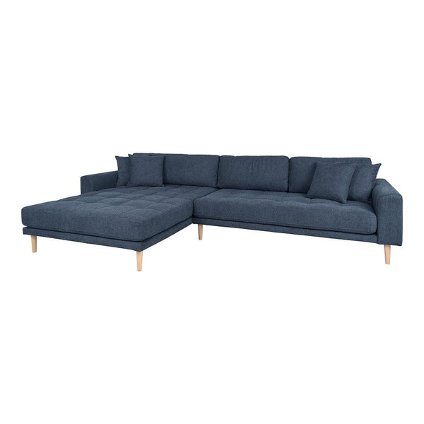 House Nordic Sofa Blå / B290xL170xH76 cm Lido Lounge Sofa, venstrevendt i mørkeblå med fire puder og natur træben Fra House Nordic B290xL170xH76 cm
