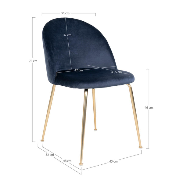 House Nordic Spisebordsstol Blå Geneve Spisebordsstol i velour i blå med ben i messing look 2 stk - House Nordic